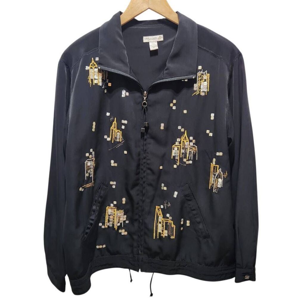 Mureli black jacket cityscape Embellished embroidered full zip Large‎